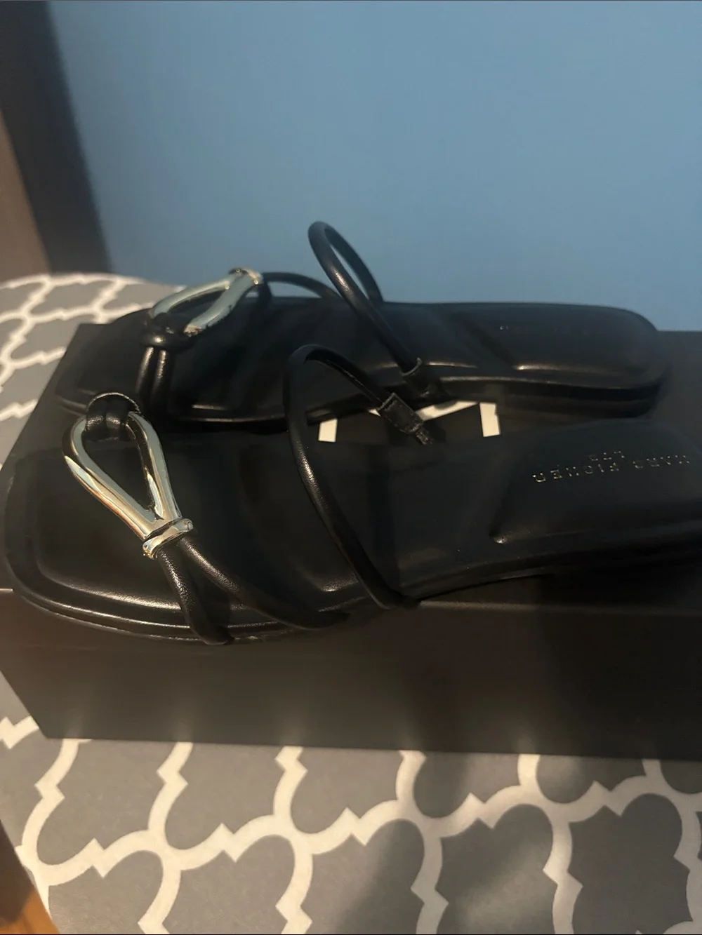 Marc Fisher Black Square-Toe Slide Sandals with Silver Teardrop Accent